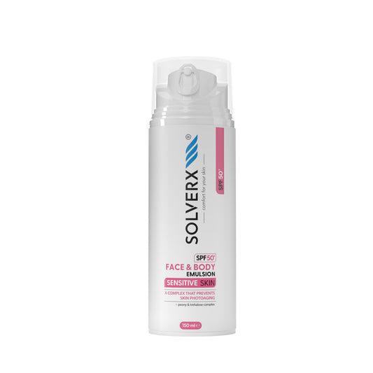 SOLVERX SENSITIVE SKIN apsauginė emulsija saulės spinduliams veidui ir kūnui SPF50+ 150 ml