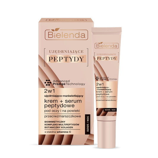 BIELENDA UJĘDRNIAJĄCE PEPTYDY Ujędniająco-Rozświetlający Krem - Serum peptydowe 2w1 po akimis ir ant vokų 15ml