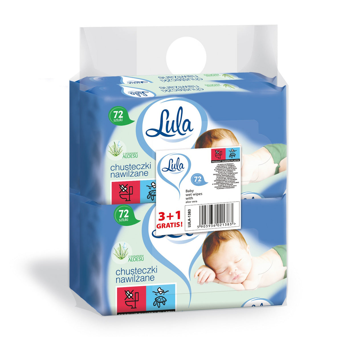 LULA Drėkinamos servetėlės su ALOESU 1op.-72vnt 3op. + 1op. nemokamai