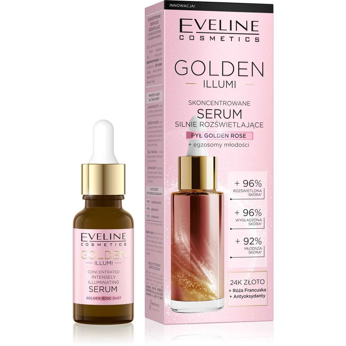 EVELINE Golden Illumi Koncentruotas serumas, stipriai šviesinantis su auksiniu rožių milteliais 18 ml