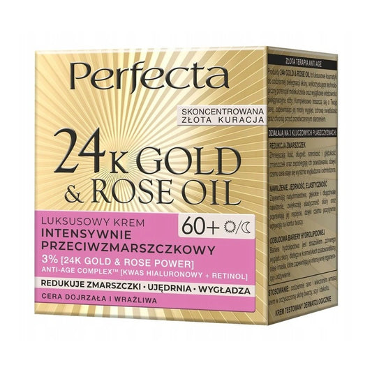 PERFECTA 24K Auksinis ir Rožių Aliejus 60+ Luksusinis kremas intensyviai priešraukšlinis dienai ir naktiai 50 ml