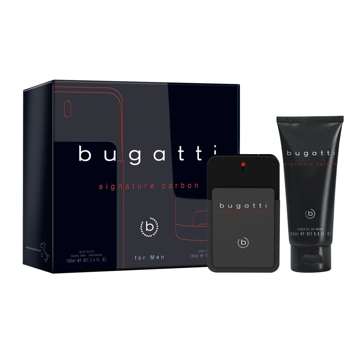 BUGATTI Dovanų rinkinys vyrams Signature Carbon (tualetinis vanduo 100ml + dušo gelis 200ml)