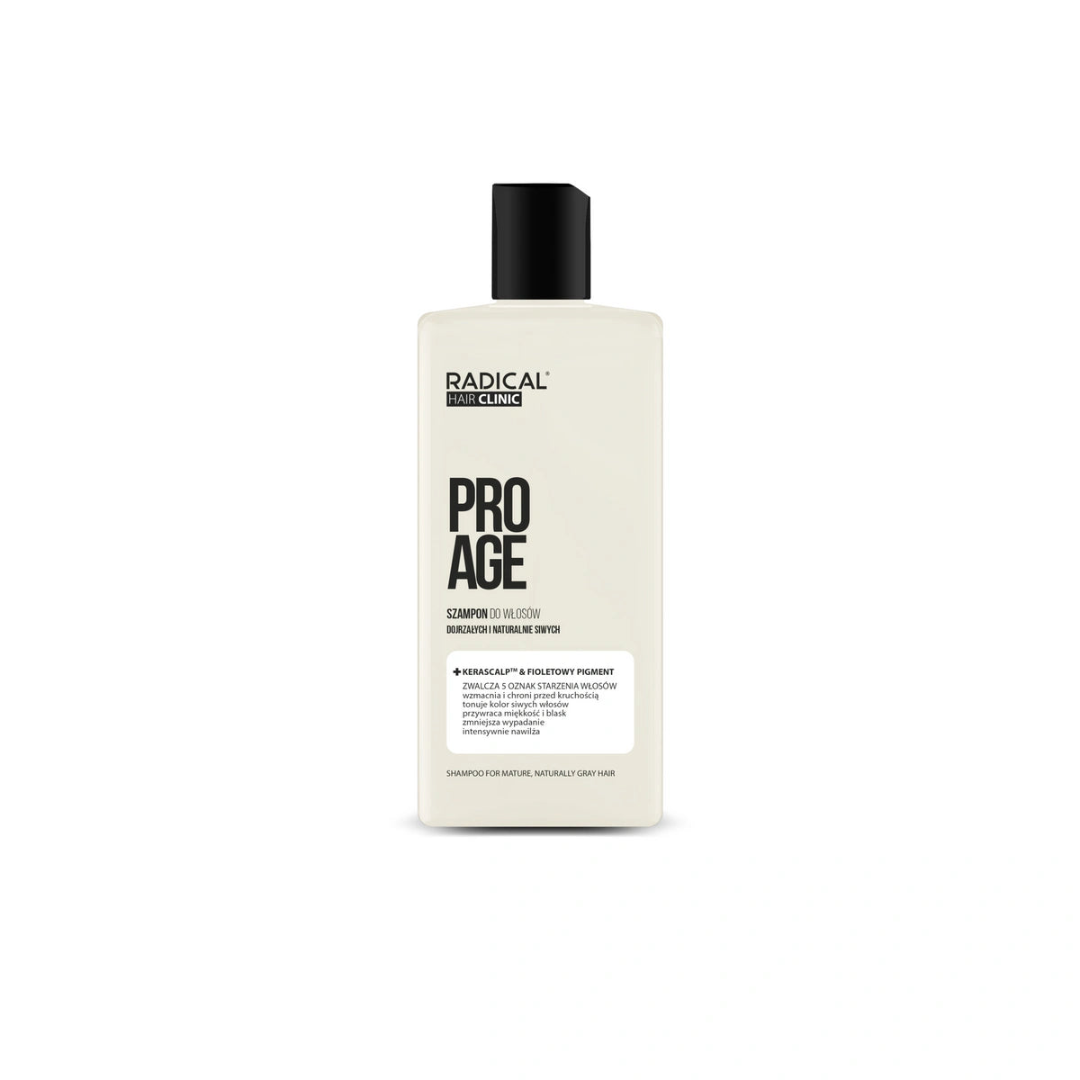 RADICAL HAIR CLINIC Pro Age Šampūnas brandžiai ir natūraliai pilkoms plaukams Kerascalp & Violetinis pigmentas 300 ml