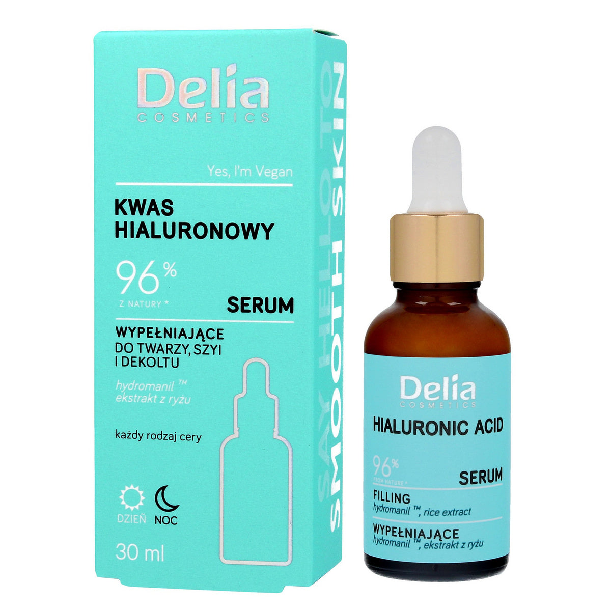 DELIA Veido, kaklo ir dekoltė serumą su hialurono rūgštimi 96% 30 ml
