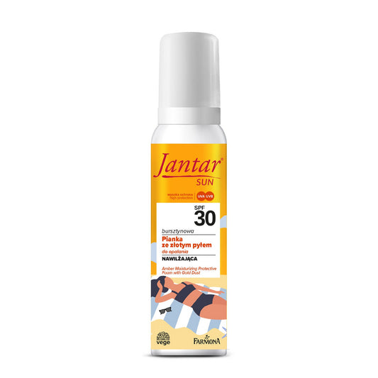 JANTAR Sun Gintarinė drėkinamoji putos saulės vonioms SPF 30 su auksiniu dulkiu 150 ml