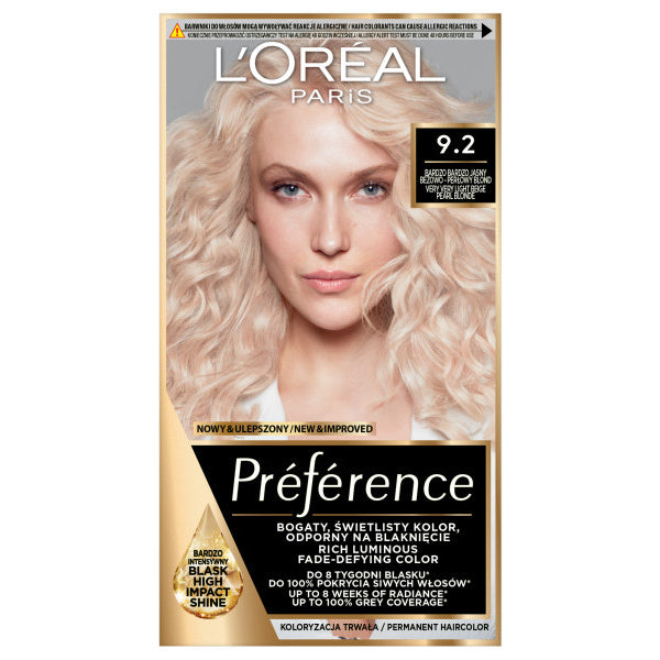 LOREAL Preference Plaukų dažai 9.2 - Labai Labai Šviesus Bežinis Perlų Blondinas 1 pak.