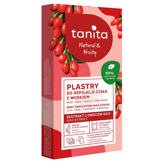 TANITA Natūralūs ir vaisiniai depiliacijos pleistrai su vašku - su Goji uogų ekstraktu 12 vnt. (6x2) + 2 depiliacijos servetėlės