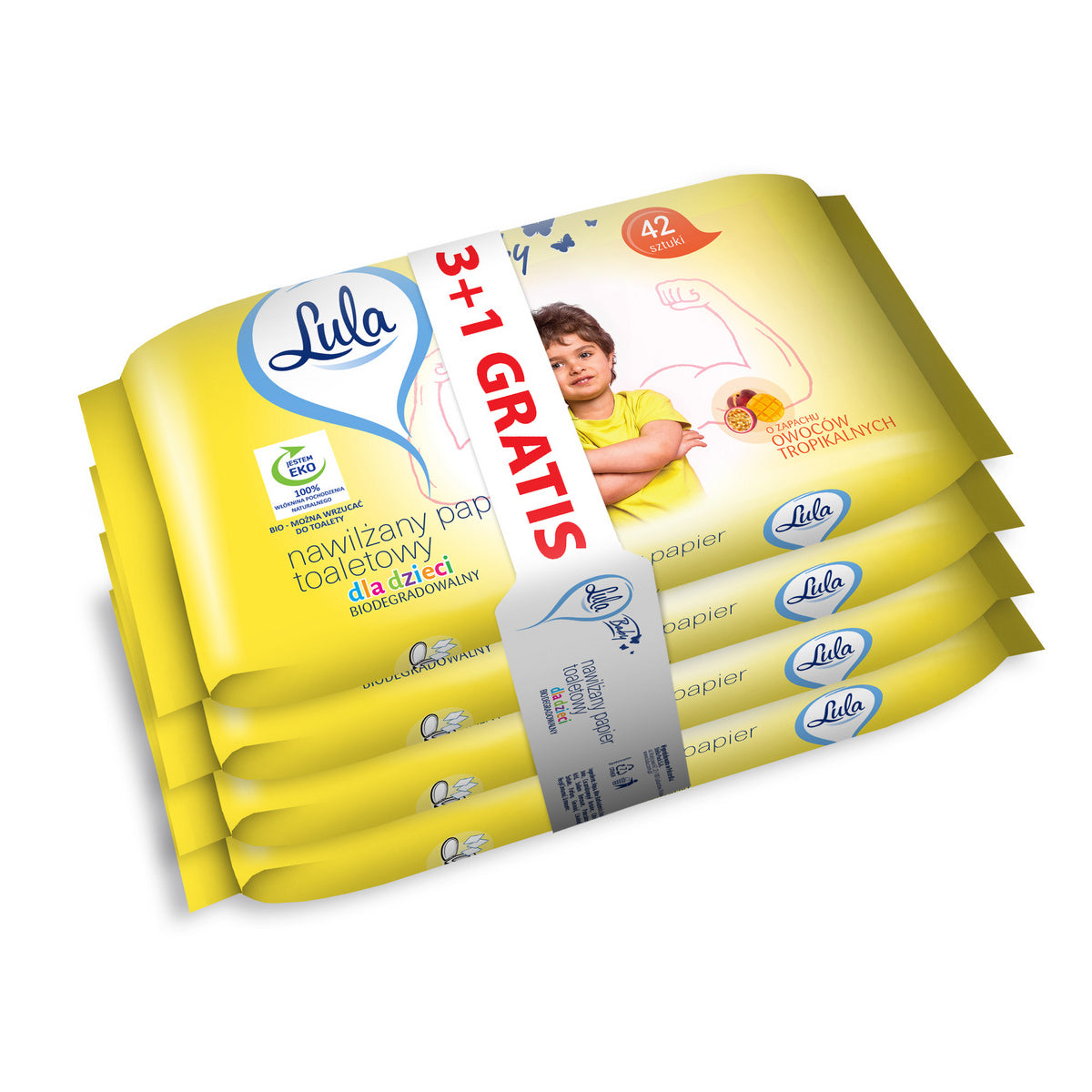 LULA Drėgnas tualetinis popierius vaikams - tropiniai vaisiai 42 vnt. - 3 pakuotės + 1 pakuotė Dovanų