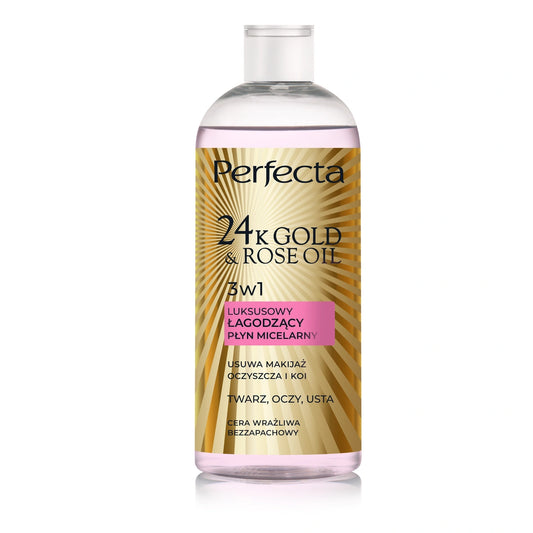 PERFECTA 24K Gold & Rose Oil Prabangus micelinis skystis jautriai odai 3w1 400 ml